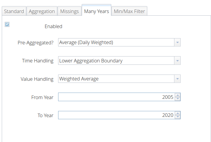 Example configuration in 'Many Years' tab